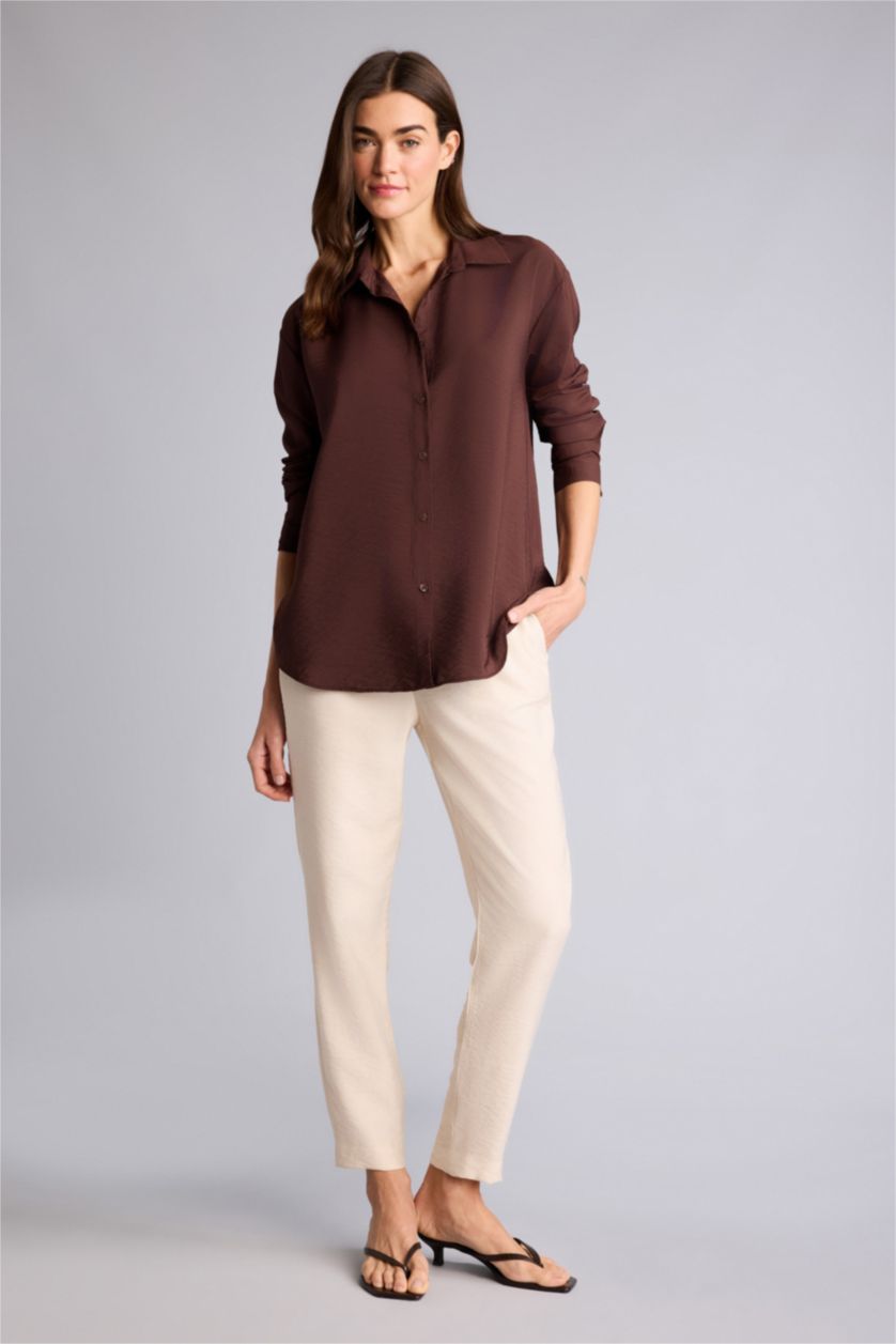 Kadın Kahve Oversıze Gömlek Yaka Uzun Kollu Gömlek