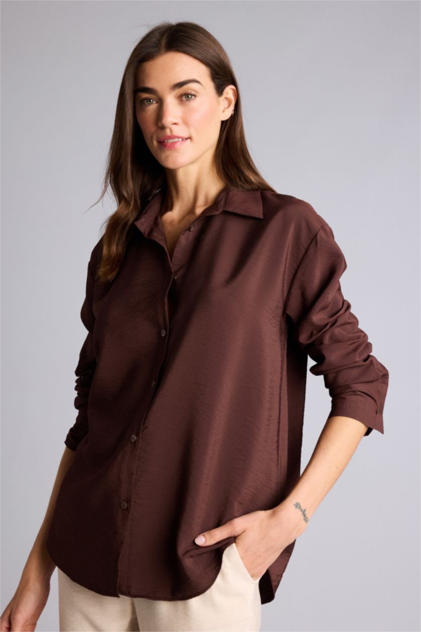 Kadın Kahve Oversıze Gömlek Yaka Uzun Kollu Gömlek