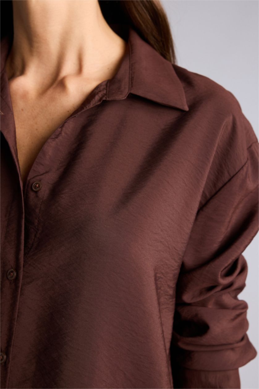Kadın Kahve Oversıze Gömlek Yaka Uzun Kollu Gömlek