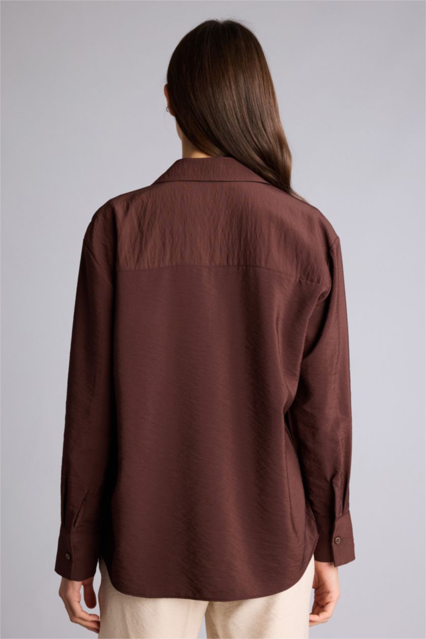 Kadın Kahve Oversıze Gömlek Yaka Uzun Kollu Gömlek