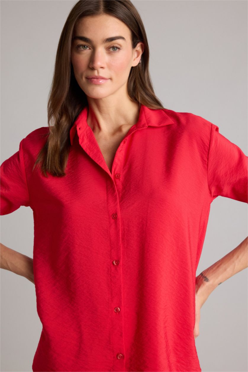 Kadın Kırmızı Oversıze Gömlek Yaka Uzun Kollu Gömlek