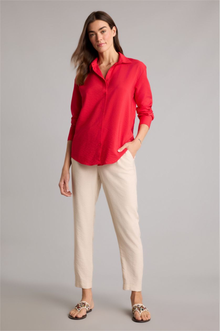 Kadın Kırmızı Oversıze Gömlek Yaka Uzun Kollu Gömlek