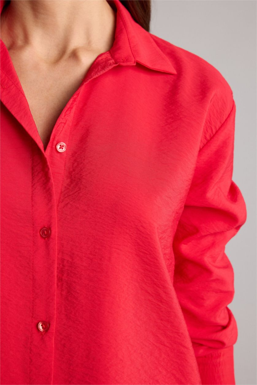Kadın Kırmızı Oversıze Gömlek Yaka Uzun Kollu Gömlek