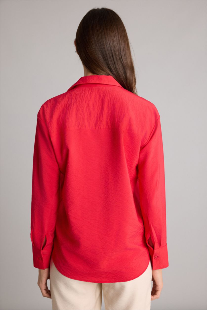 Kadın Kırmızı Oversıze Gömlek Yaka Uzun Kollu Gömlek