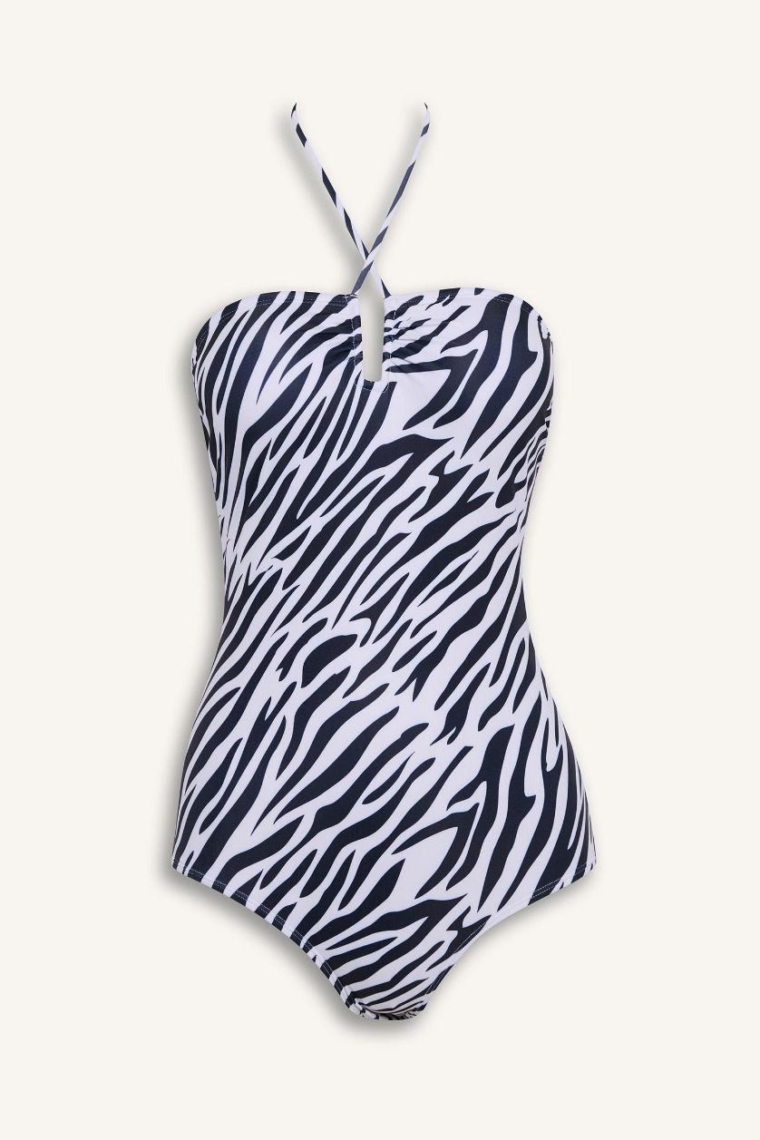 Kadın Siyah Regular Fit Zebra Desenli Mayo