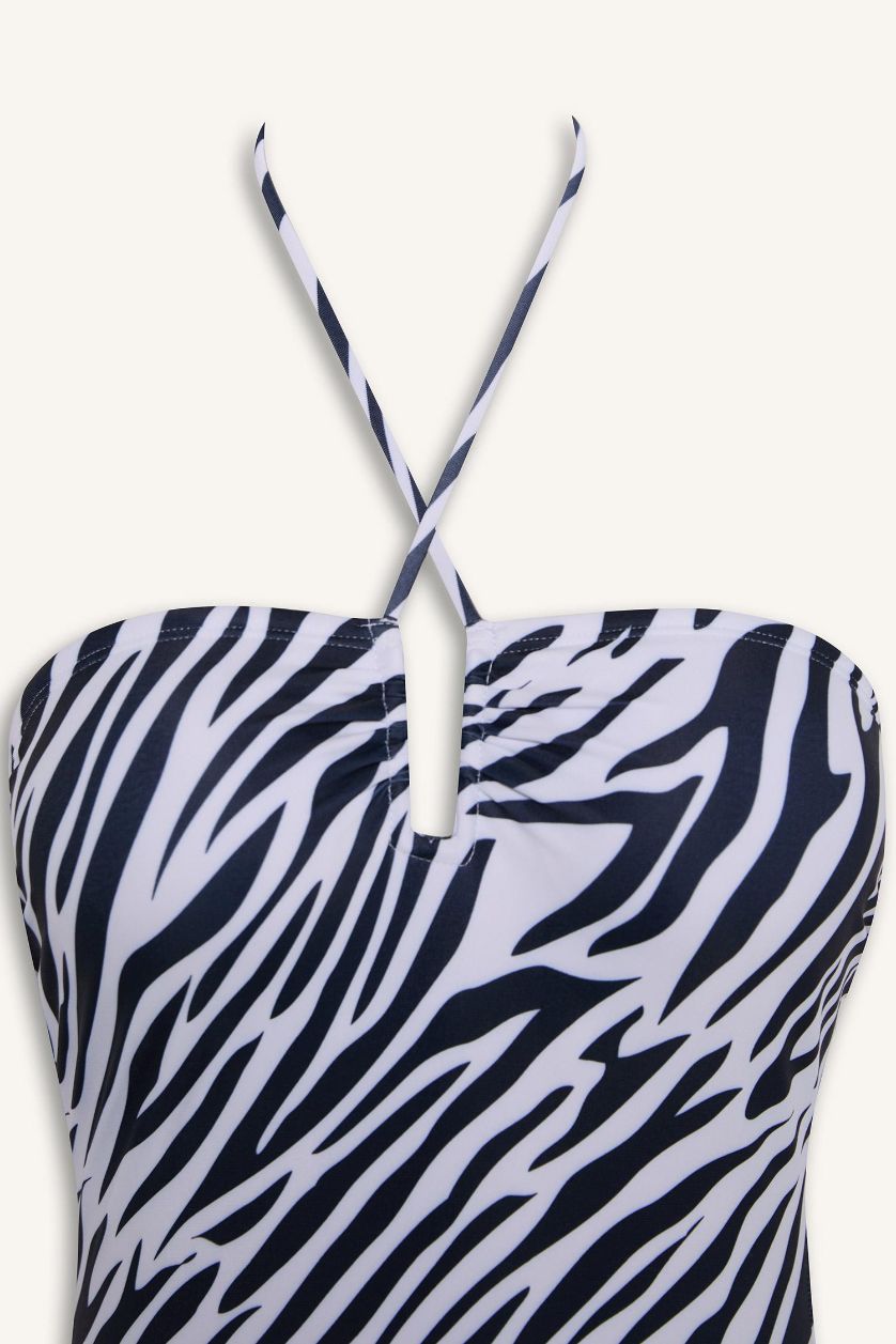 Kadın Siyah Regular Fit Zebra Desenli Mayo