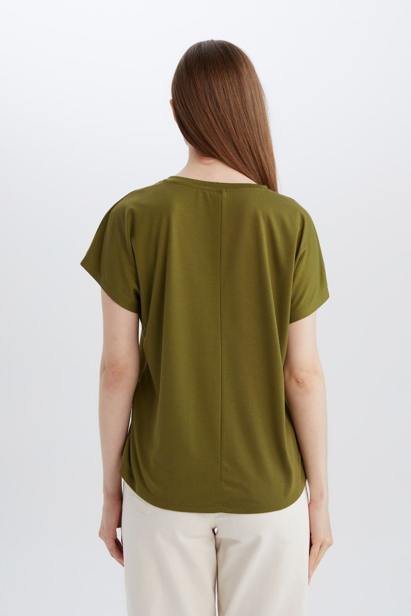 نساء كاكي تي شيرت نص كم قصة عادية بياقة مستديرة