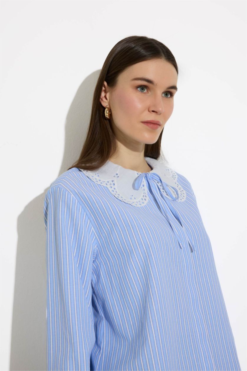 Kadın Mavi Regular Fit Geniş Yakalı Çizgili Poplin Uzun Kollu Gömlek Tunik