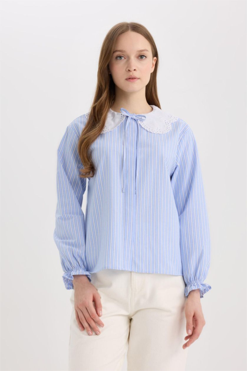 Kadın Mavi Regular Fit Geniş Yakalı Çizgili Poplin Uzun Kollu Gömlek Tunik