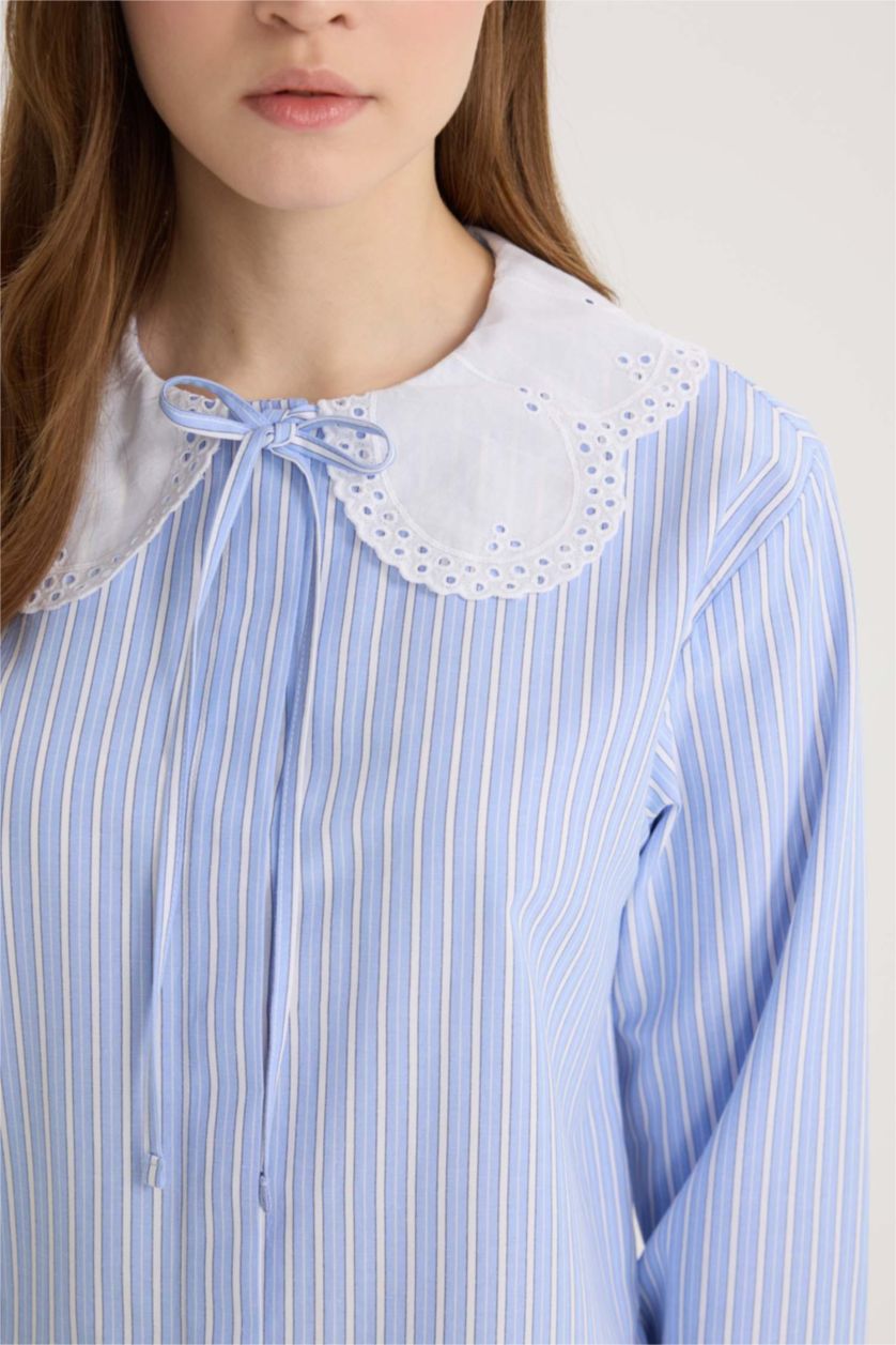 Kadın Mavi Regular Fit Geniş Yakalı Çizgili Poplin Uzun Kollu Gömlek Tunik