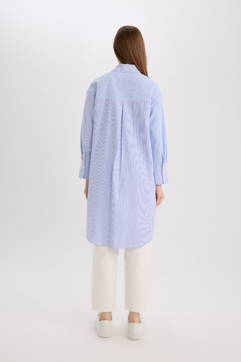 نساء أزرق قميص مخطط بوبلين قصة مريحة وردن طويل