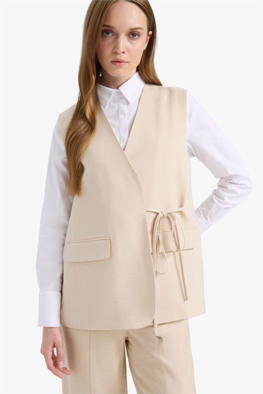 Kadın Taş V Yaka Bağcıklı Basic Düz Blazer Yelek