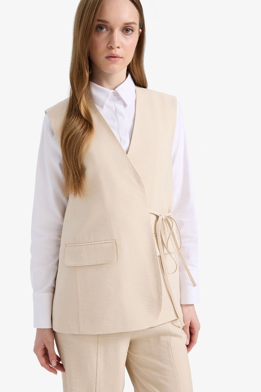 Kadın Taş V Yaka Bağcıklı Basic Düz Blazer Yelek