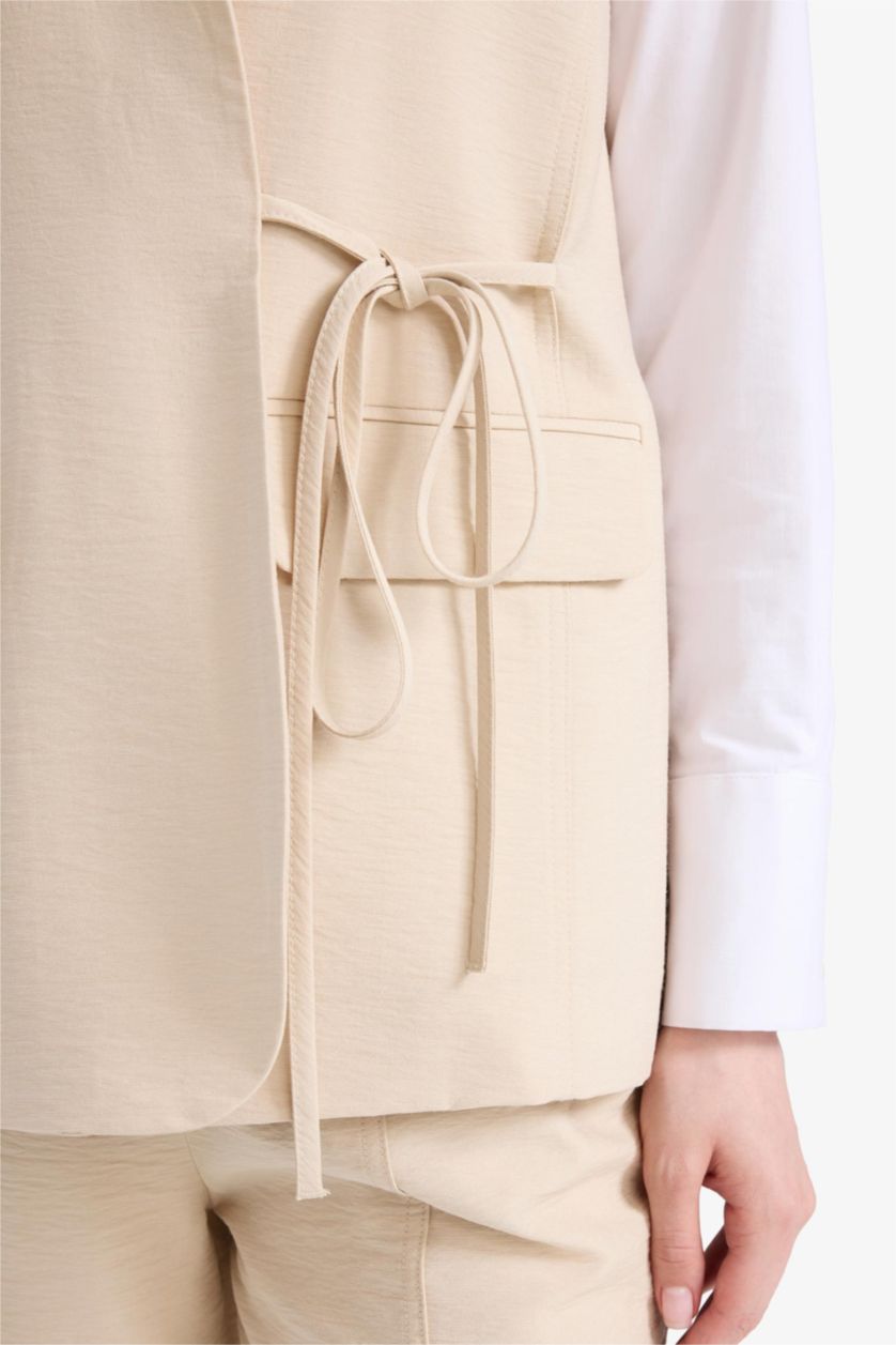 Kadın Taş V Yaka Bağcıklı Basic Düz Blazer Yelek