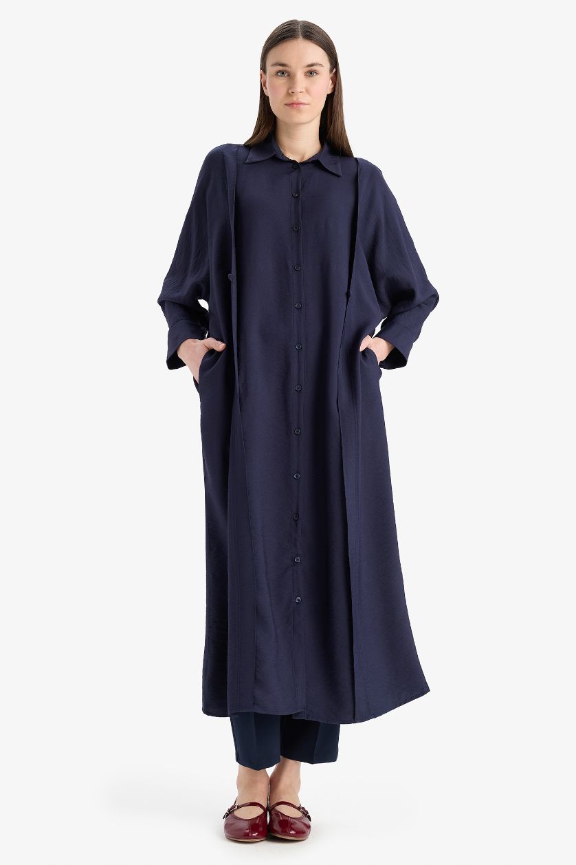 نساء كحلي فستان كم طويل قصة مريحة بكتف نازل بياقة قميص