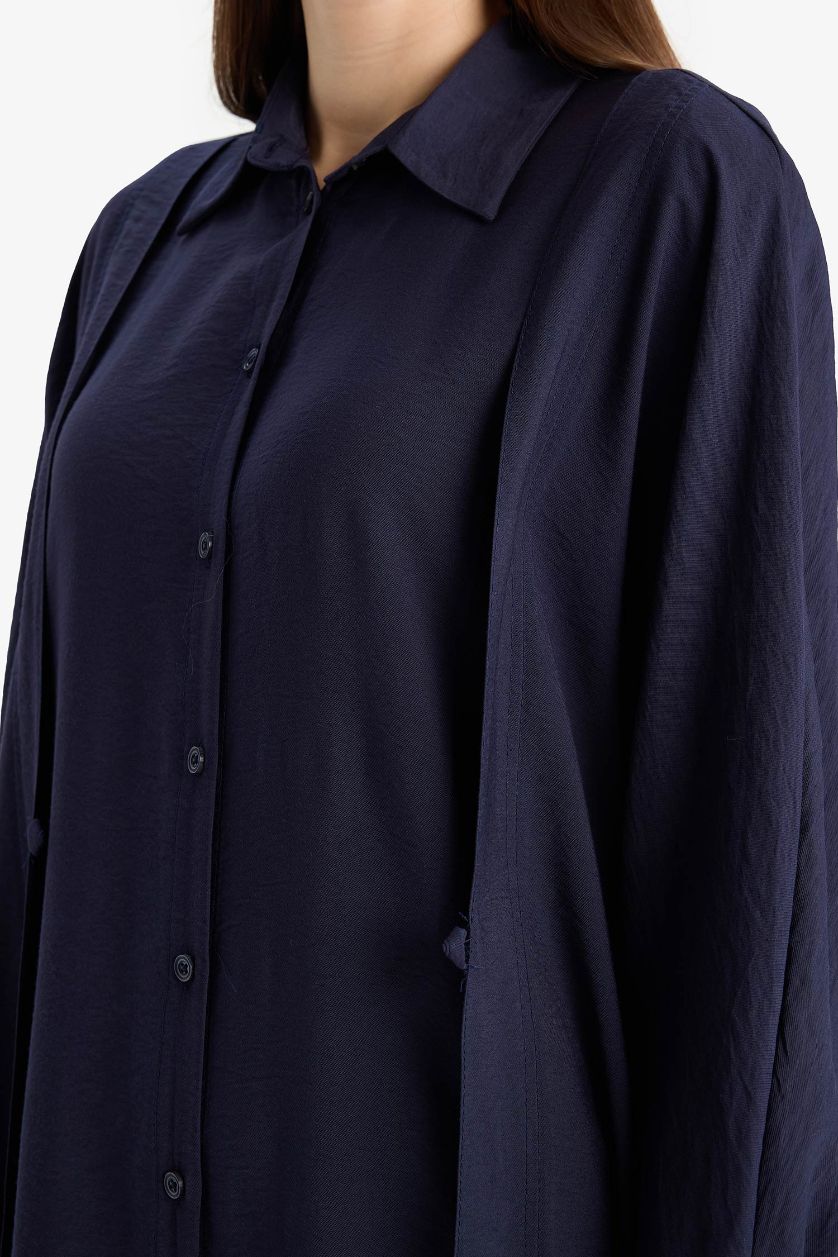 نساء كحلي فستان كم طويل قصة مريحة بكتف نازل بياقة قميص