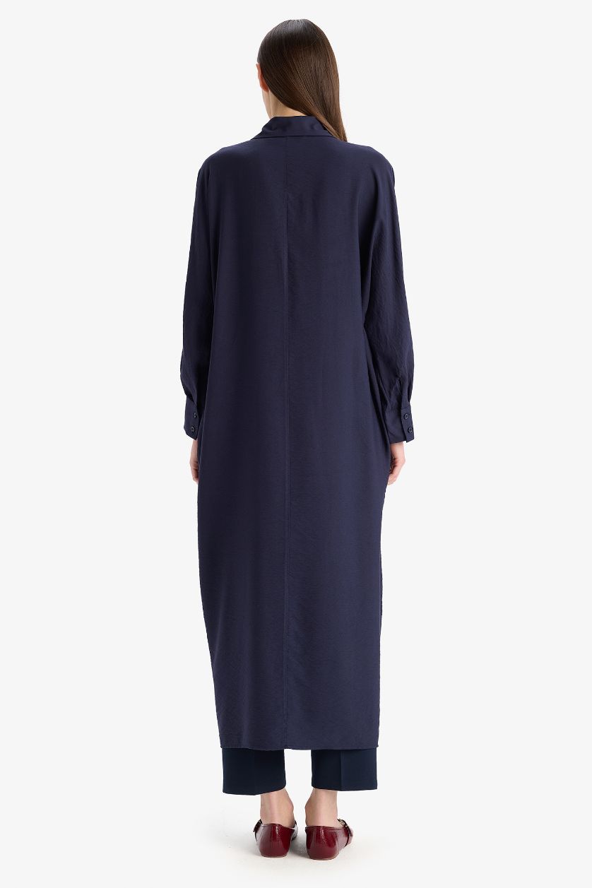 نساء كحلي فستان كم طويل قصة مريحة بكتف نازل بياقة قميص