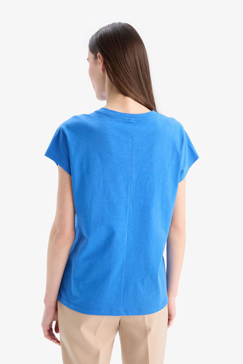 نساء اللون الملكي Traditional Crew Neck Flamy Cotton T-Shirt