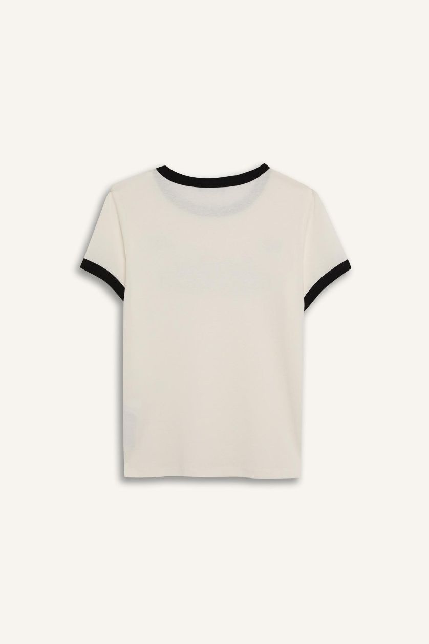 نساء اوف وايت تيشيرت نص كم مطبوع سليم فيت برقبة مستديرة