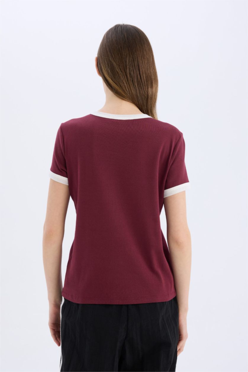WOMAN Bordeaux Regular Fit Ribana Short Sleeve T-Shirt