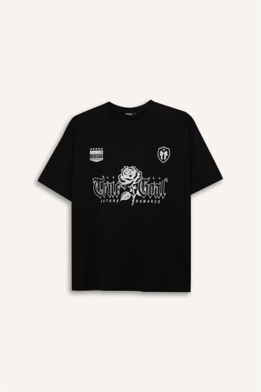 Kadın Siyah Oversize Geniş Kalıp Bisiklet Yaka Baskılı Kısa Kollu Tişört