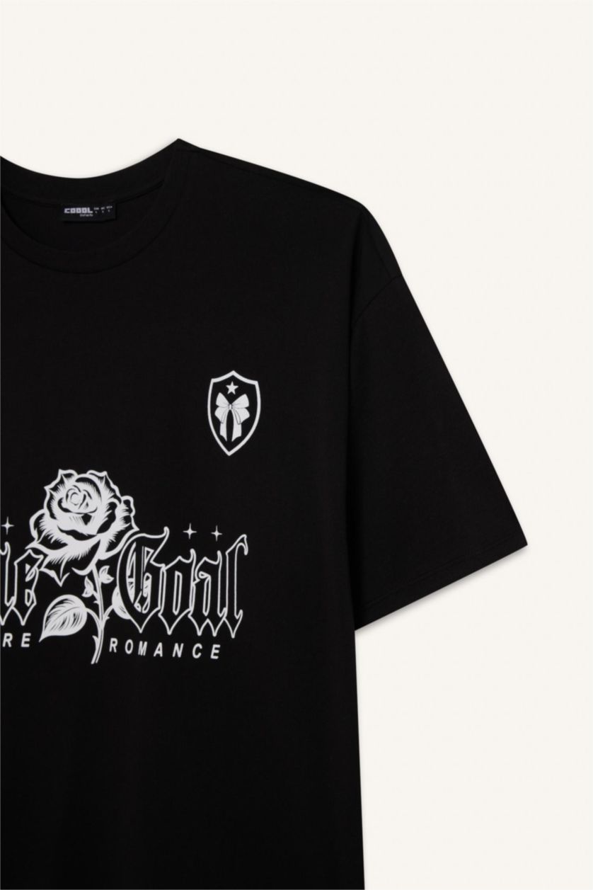 Kadın Siyah Oversize Geniş Kalıp Bisiklet Yaka Baskılı Kısa Kollu Tişört