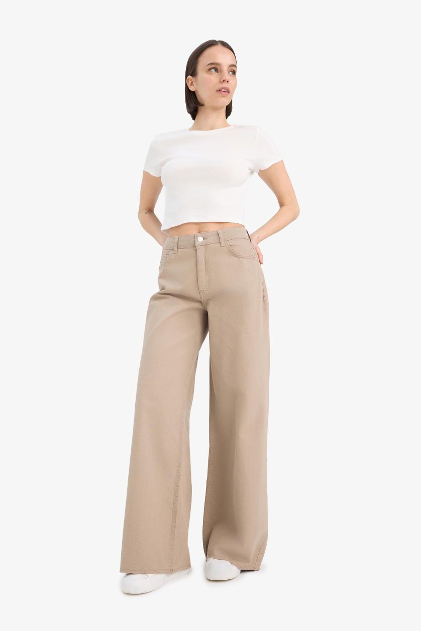 WOMAN Beige Wide Leg Normal Waist Standard Length Gabardine Trousers