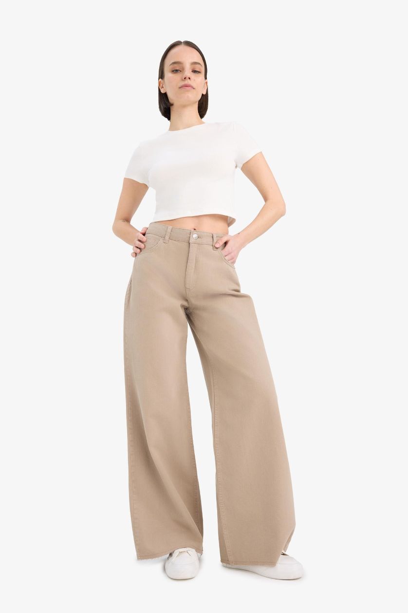 WOMAN Beige Wide Leg Normal Waist Standard Length Gabardine Trousers