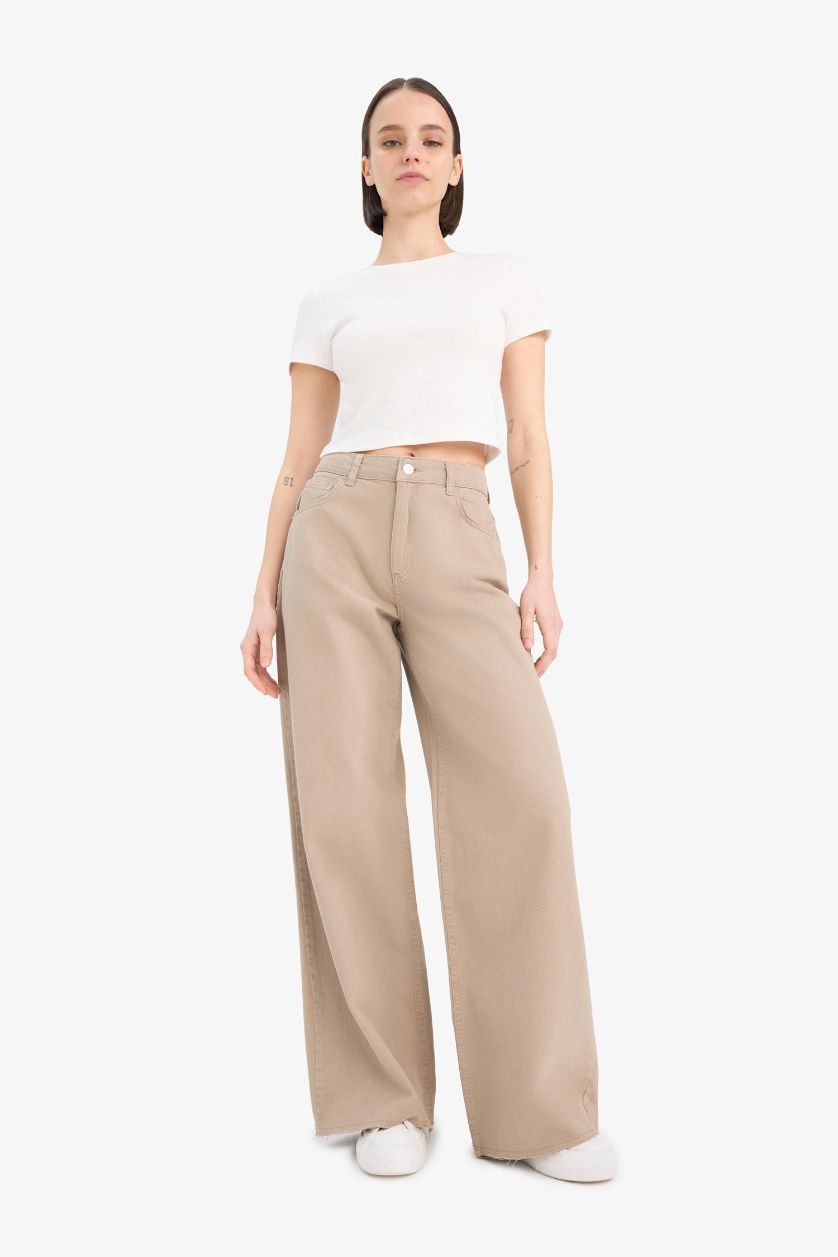 WOMAN Beige Wide Leg Normal Waist Standard Length Gabardine Trousers