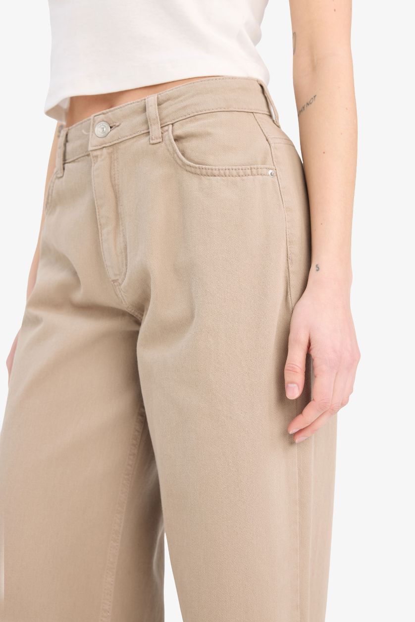 WOMAN Beige Wide Leg Normal Waist Standard Length Gabardine Trousers