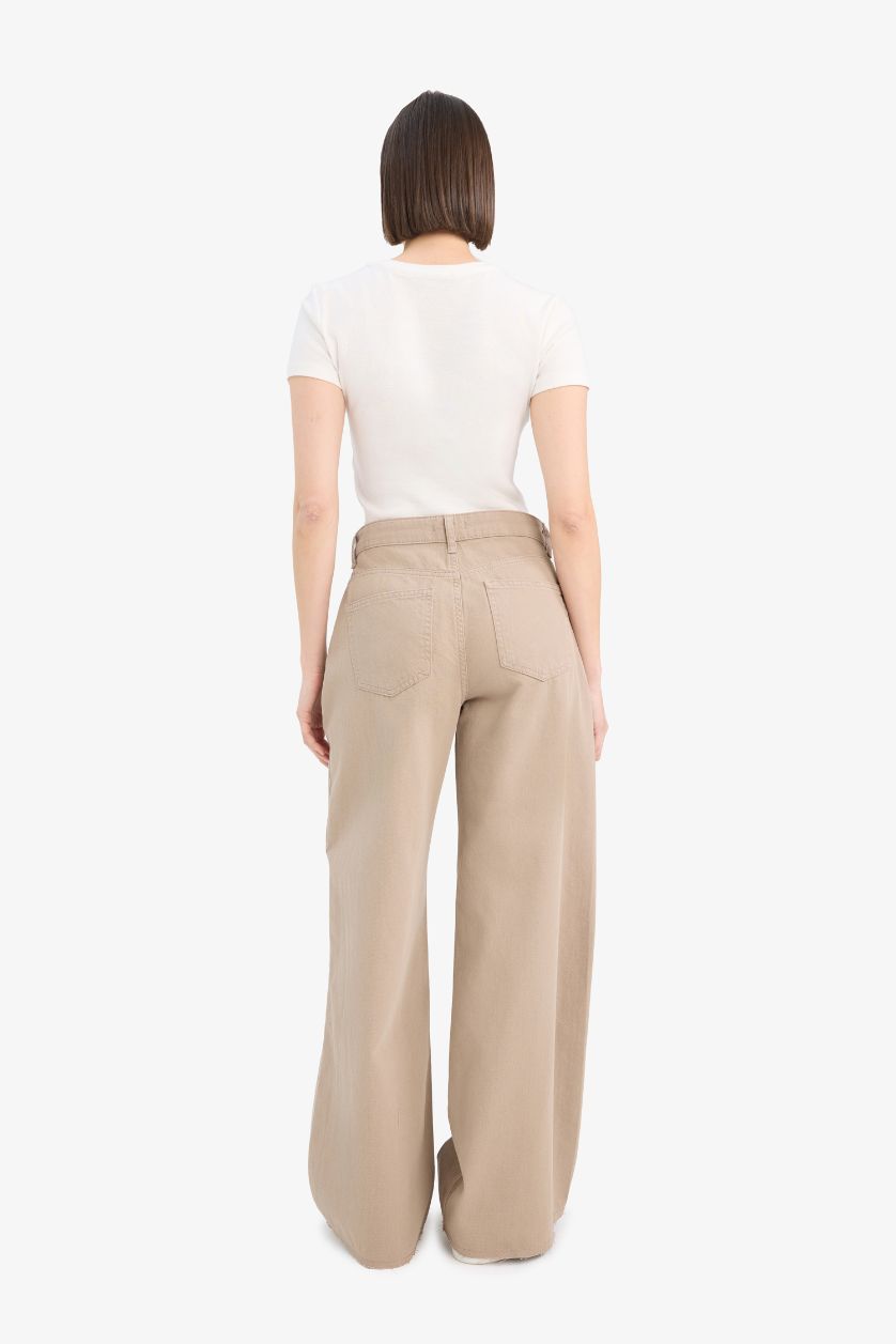 WOMAN Beige Wide Leg Normal Waist Standard Length Gabardine Trousers