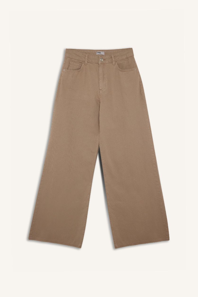 WOMAN Beige Wide Leg Normal Waist Standard Length Gabardine Trousers