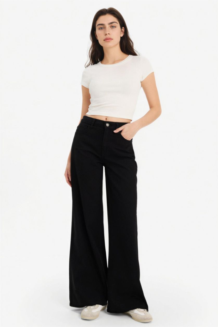 FEMME Noir Pantalon Longueur standard La Gabardıne Jambes larges