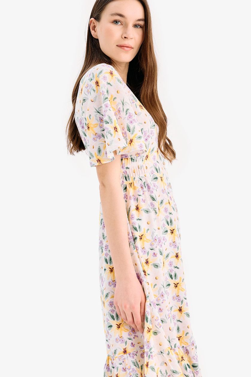 Kadın Sarı V Yaka Çiçek Desenli Kısa Kollu Midi Yazlık Elbise