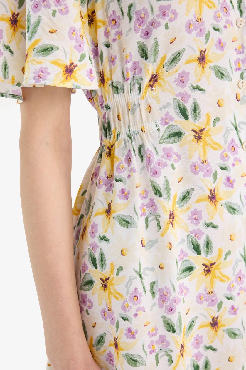 Kadın Sarı V Yaka Çiçek Desenli Kısa Kollu Midi Yazlık Elbise