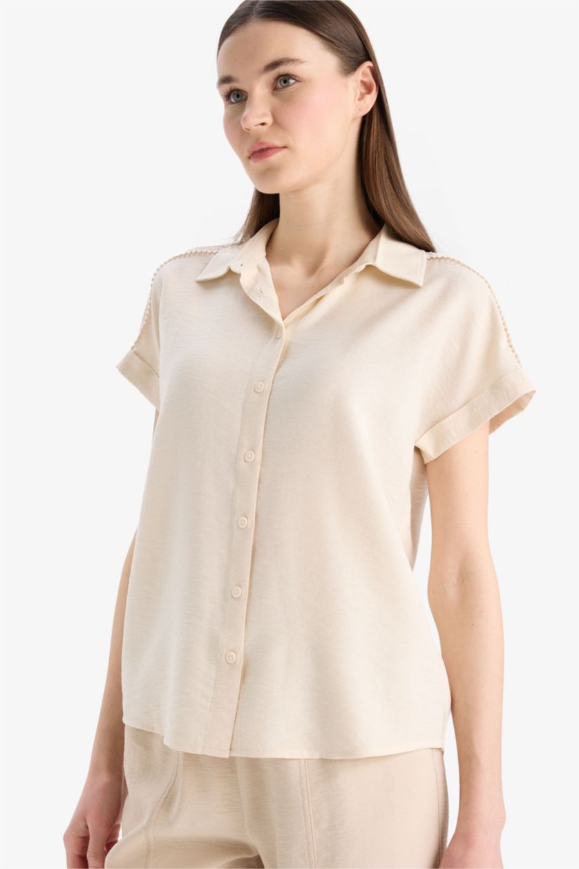 WOMAN Ecru Shirt Collar Short Sleeve Shirt