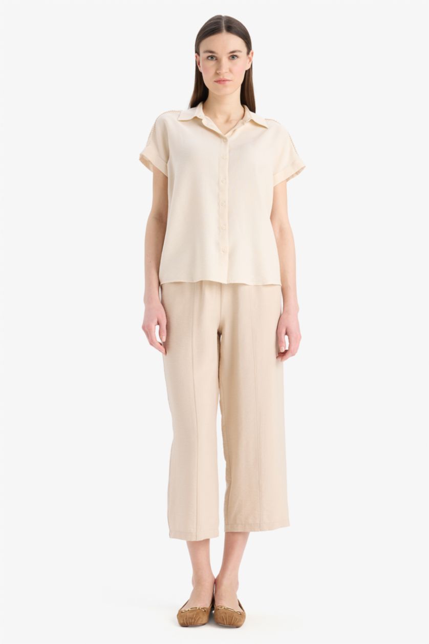 WOMAN Ecru Shirt Collar Short Sleeve Shirt