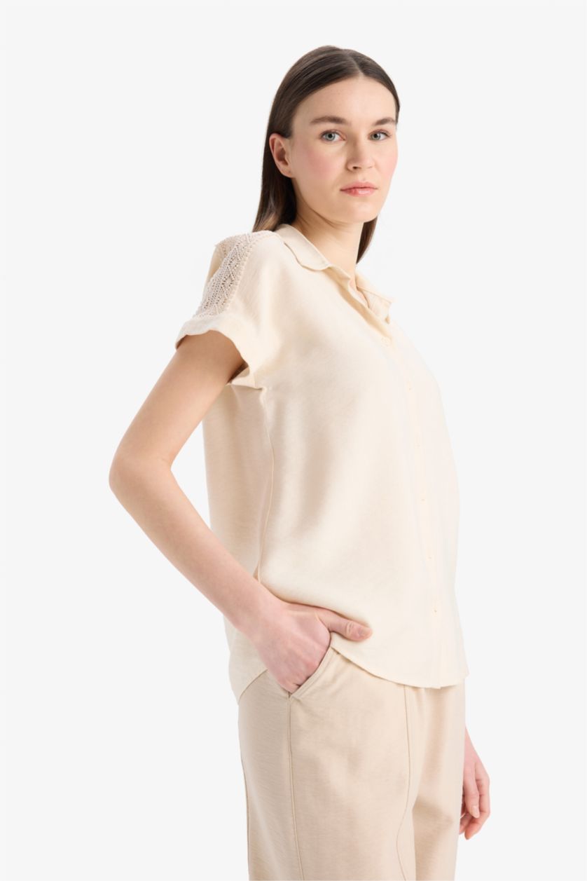 WOMAN Ecru Shirt Collar Short Sleeve Shirt