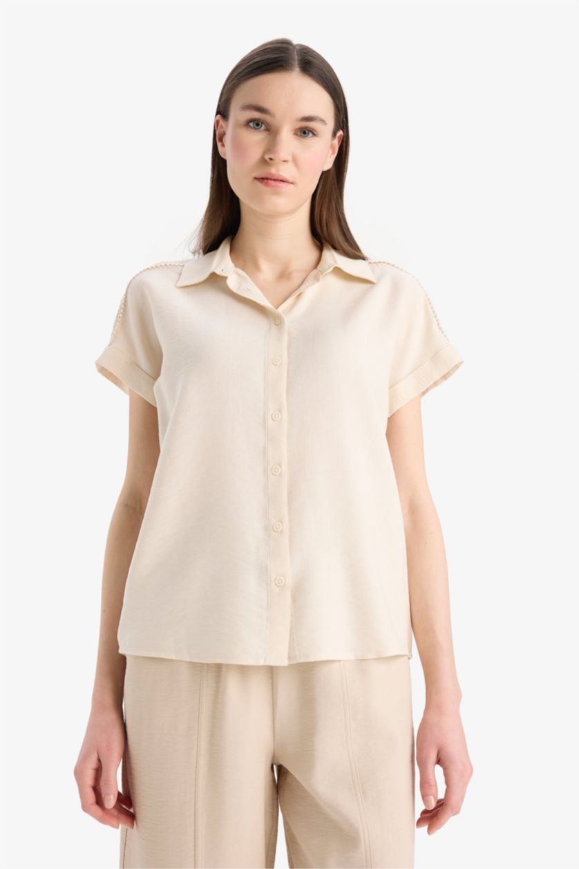 WOMAN Ecru Shirt Collar Short Sleeve Shirt