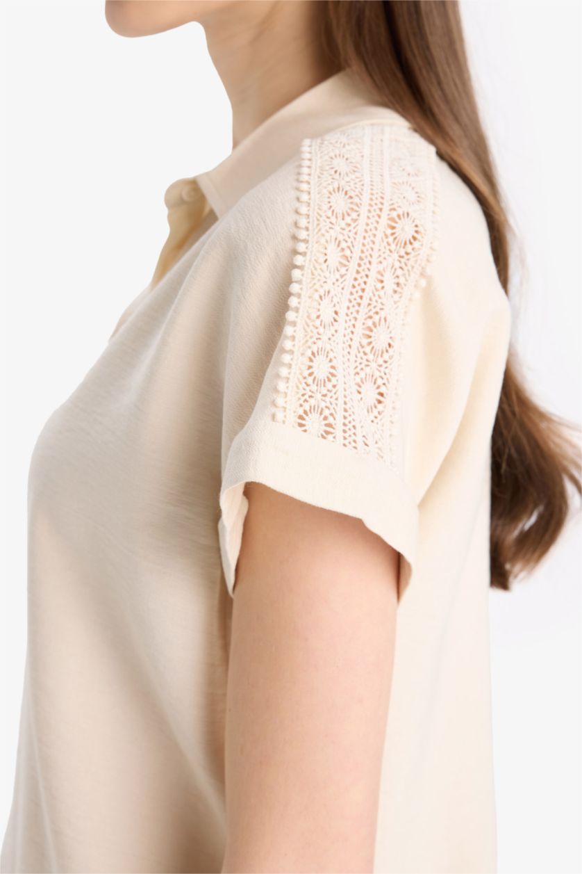 WOMAN Ecru Shirt Collar Short Sleeve Shirt