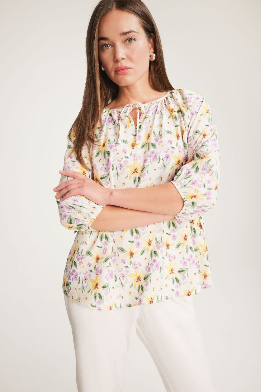 Kadın Sarı Regular Fit Bağcıklı Yaka Çiçek Desenli Yarım Kollu Bluz