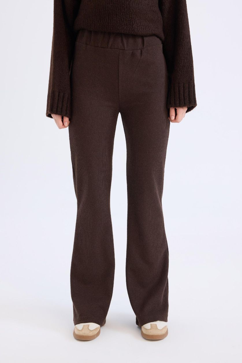 Kadın Kahve Wide Leg Geniş Paça Beli Lastikli Uzun Boy Pantolon