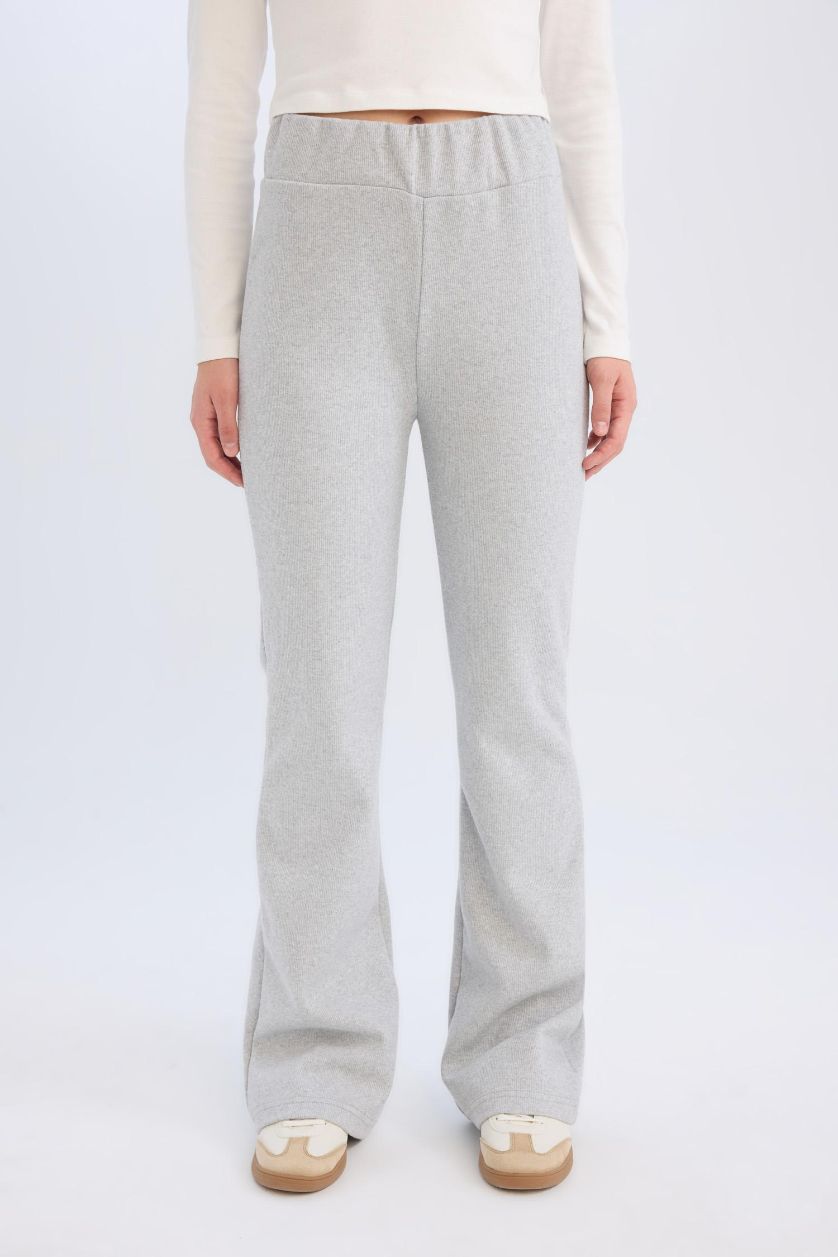 Kadın Gri Melanj Wide Leg Geniş Paça Beli Lastikli Uzun Boy Pantolon