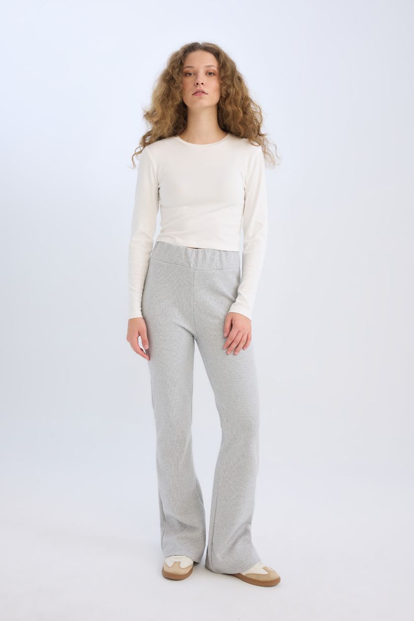 Kadın Gri Melanj Wide Leg Geniş Paça Beli Lastikli Uzun Boy Pantolon