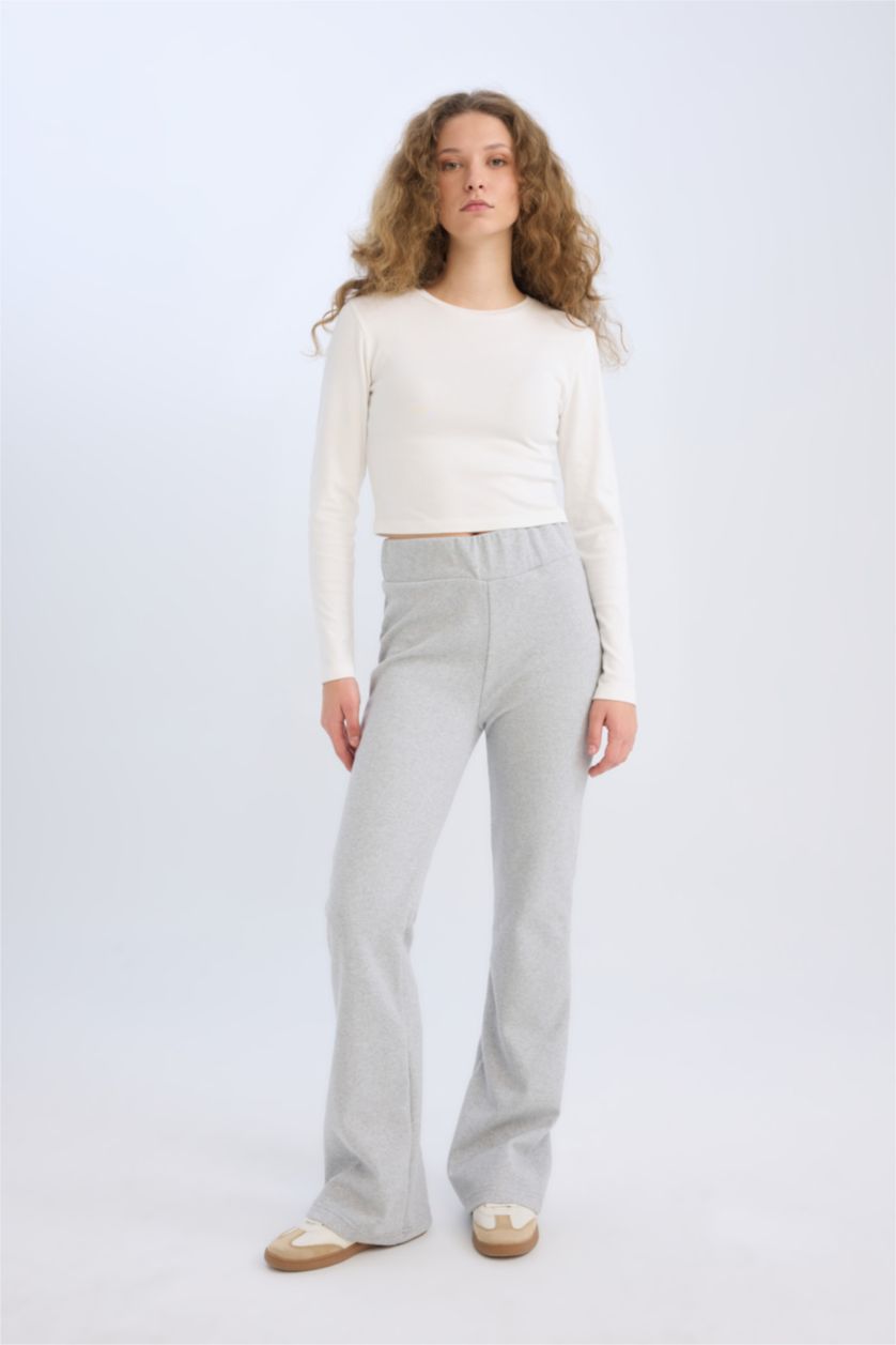 Kadın Gri Melanj Wide Leg Geniş Paça Beli Lastikli Uzun Boy Pantolon