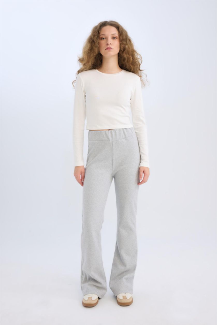 Kadın Gri Melanj Wide Leg Geniş Paça Beli Lastikli Uzun Boy Pantolon