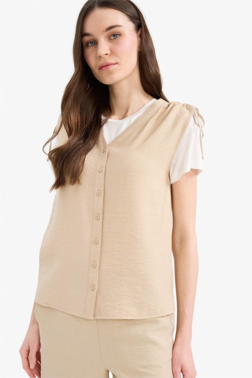 Әйелдерге Құм қалыпты пішім v жаға Жеңсіз Блуза