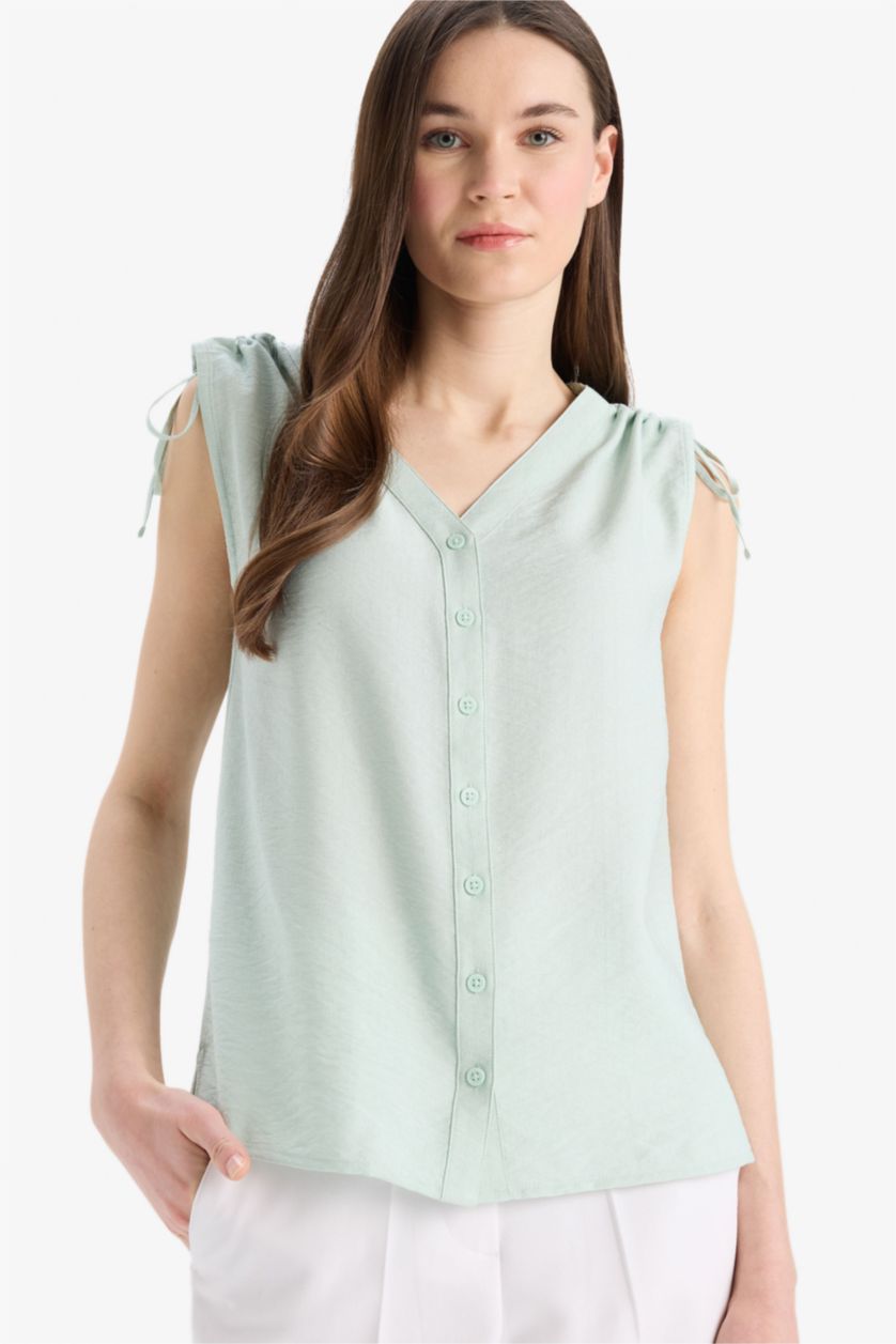 WOMAN Mint Regular Fit V-Neck Sleeveless Blouse
