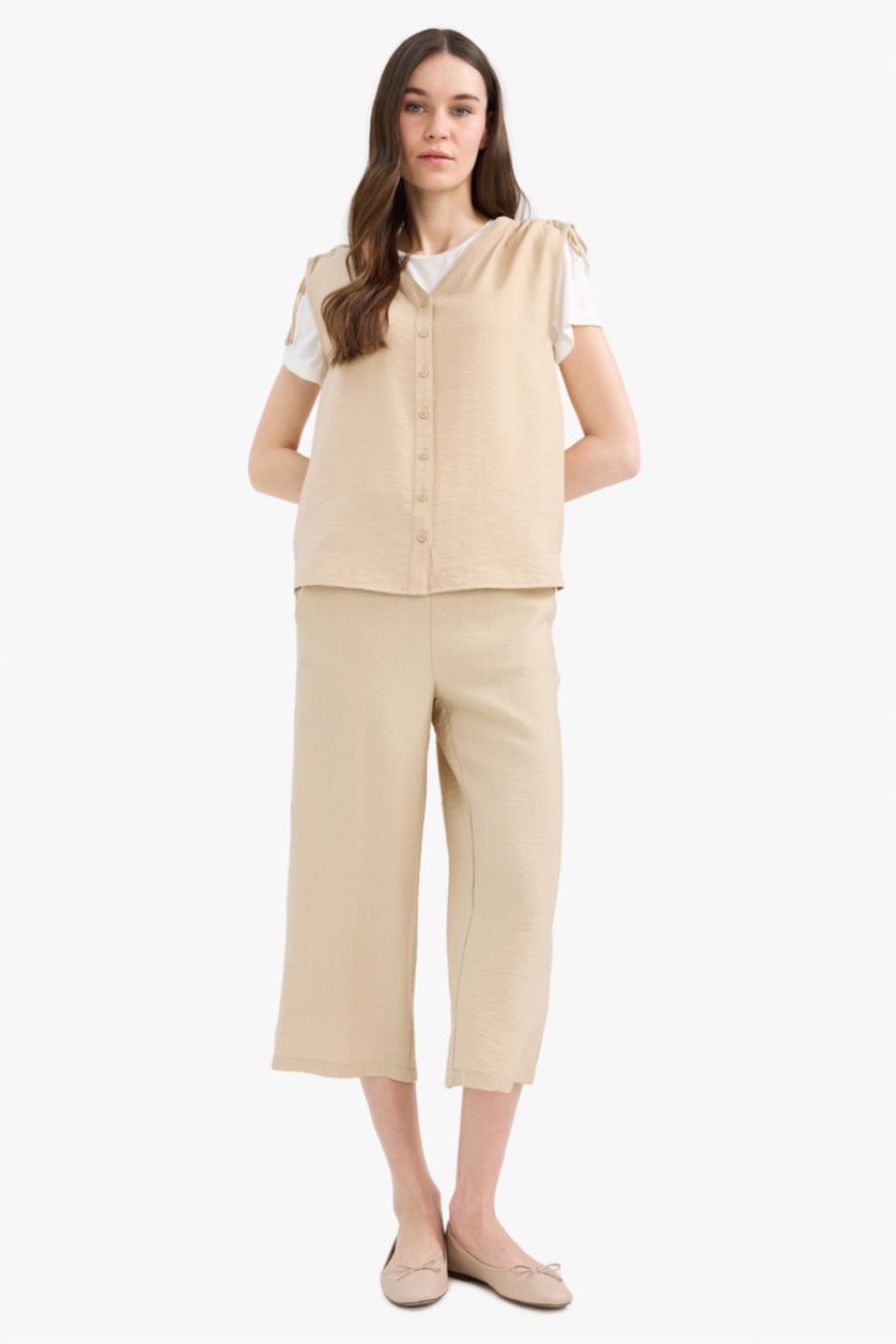 Kadın Kum Beli Lastikli Basic Düz Cepli Kapri