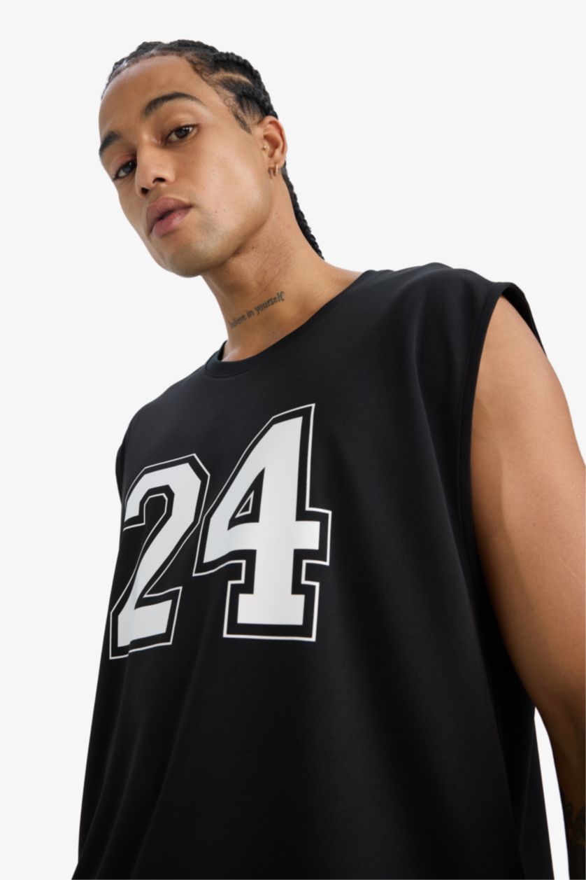 Erkek Siyah Hızlı Kuruyan Nefes Alabilen Boxy Fit Baskılı Bisiklet Yaka Sporcu Atlet